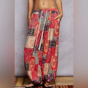 POL Patchwork Floral Wide-Leg Pants in Coral, Purple, Green